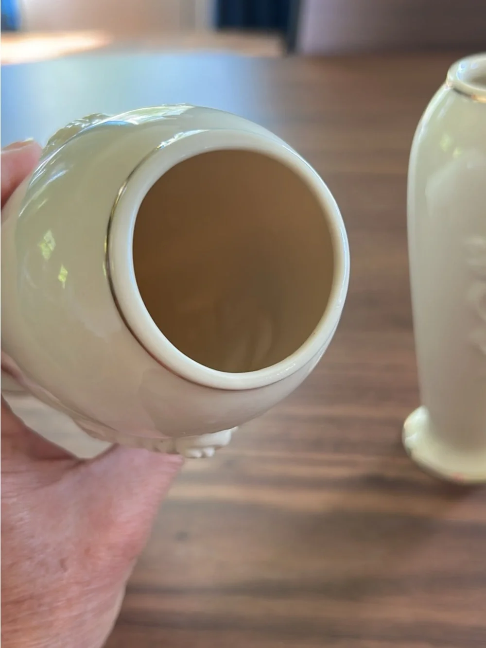 Lenox Cream Ceramic Rose Relief Vases with Gold Trim - Pair